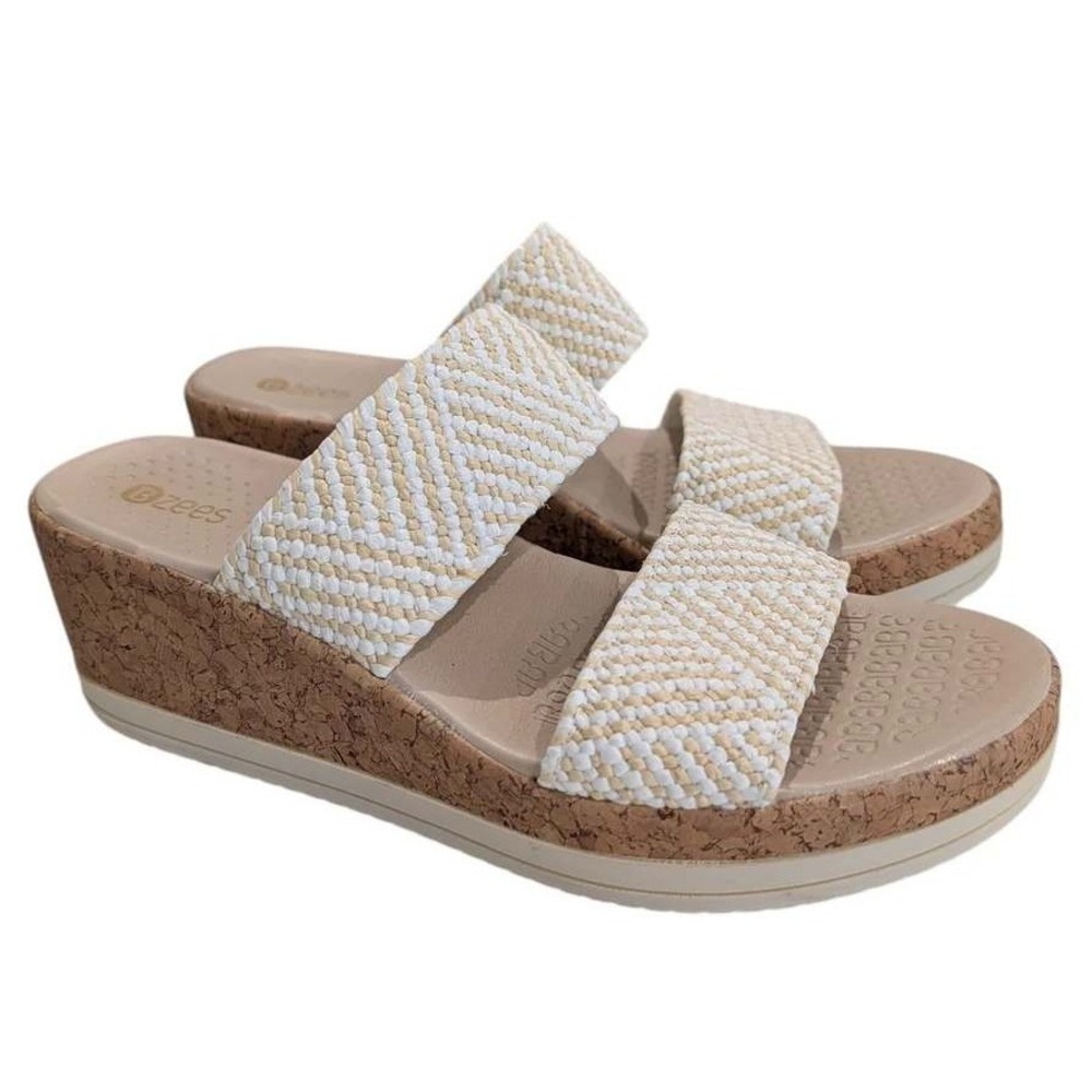 Bzees Womens Cream Tan Woven Double Strap Cork Wedge Sandals Size 8